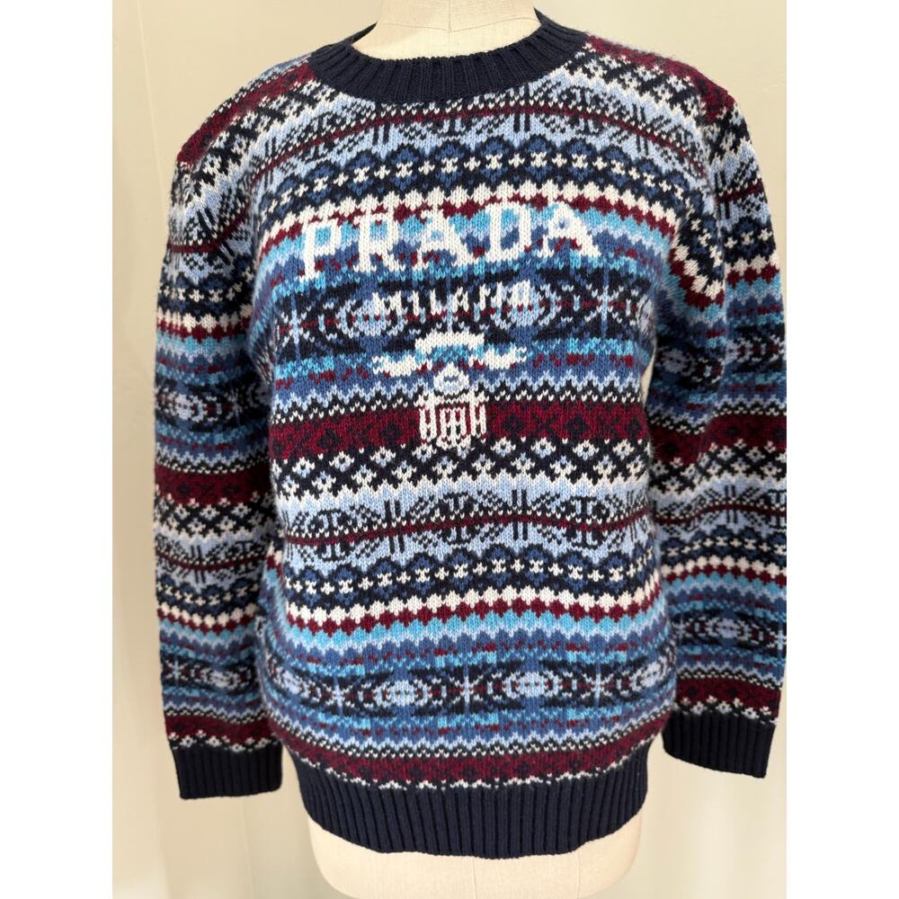 Womens 42 M LambsWool Prada crewneck sweater Navy 2022 Girocollo logo Fair Isle